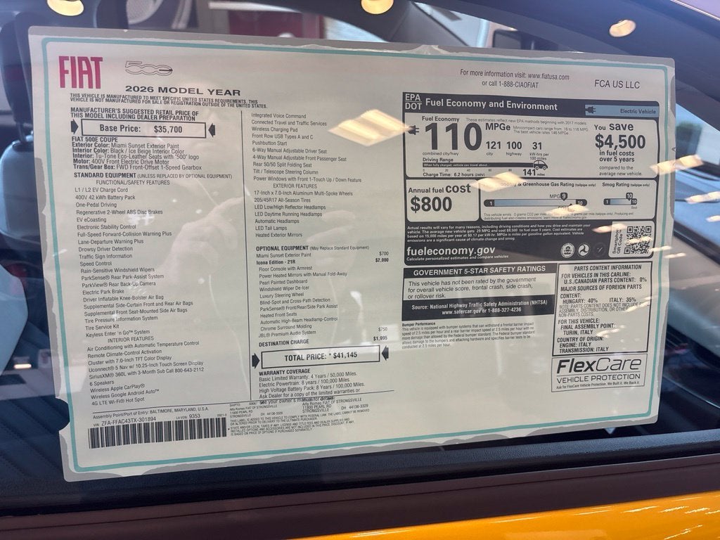 2026 FIAT 500e Battery Electric