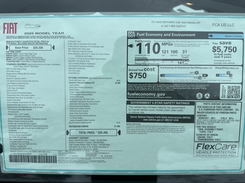 2025 FIAT 500e Battery Electric